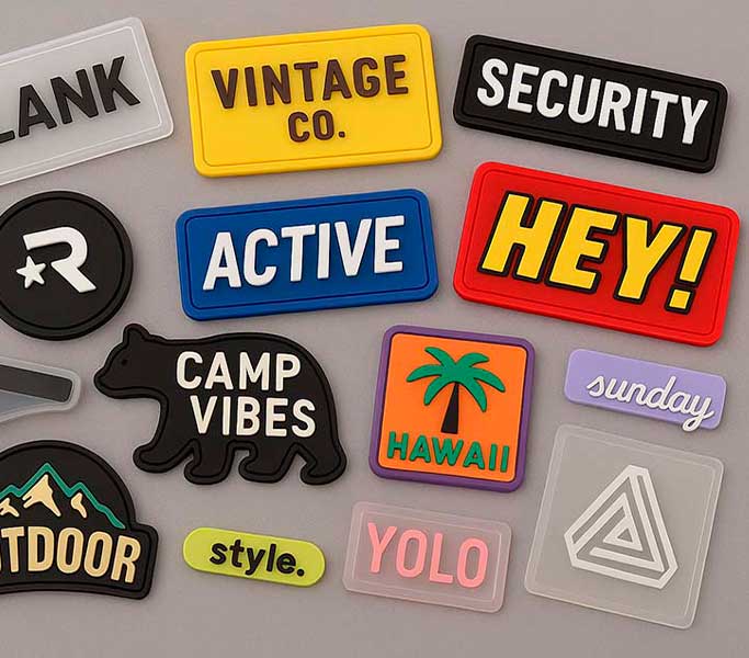 Colección de apliques de PVC coloridos y moldeados con detalles tridimensionales, fabricados al por mayor en Bogotá para mayoristas de la industria textil.