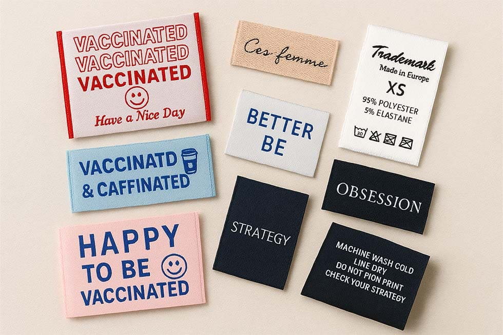 Muestras de marquillas tejidas bogota personalizada en alta definición y resistente al lavado, fabricada al por mayor en Bogotá para la industria textil B2B.