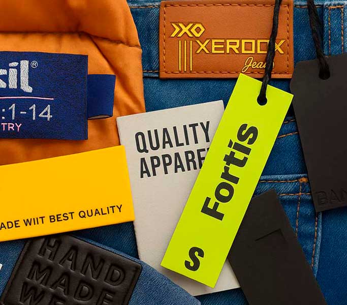 Conjunto de hang tags full color, placas de PVC, etiqueta tejida y parche de cuero sobre jean, fabricados al por mayor en Bogotá con calidad premium para mayoristas.