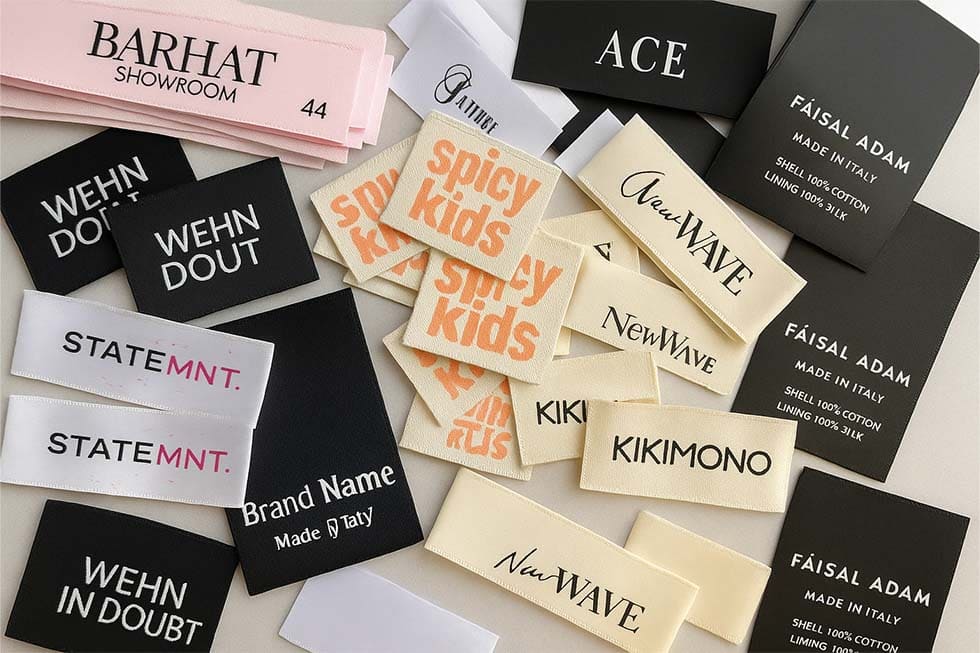 Conjunto de marquillas y etiquetas estampadas vistosas, personalizables y de alta visibilidad, fabricadas al por mayor en Bogotá para la industria textil B2B.