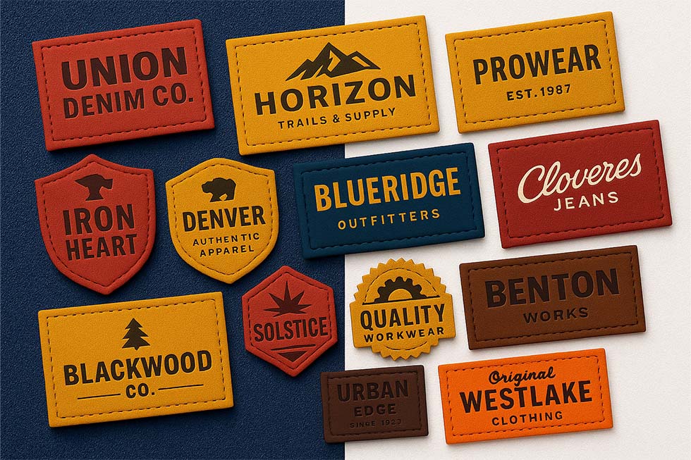 Marquillas de tela y garras para jeans en colores vibrantes, con borde reforzado y alta resistencia al lavado, fabricadas al por mayor en Bogotá para la industria textil B2B.