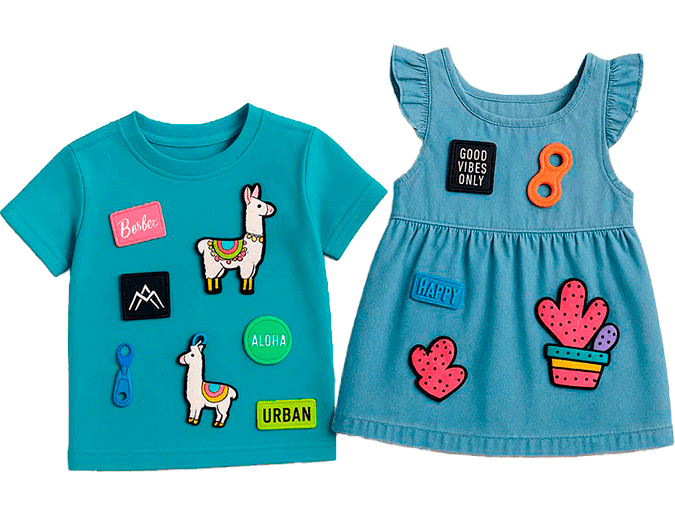 Prendas infantiles con apliques de silicona coloridos sobre tejidos suaves y estampados hipoalergénicos, lavables y seguros, fabricadas al por mayor en Bogotá para fabricantes B2B.