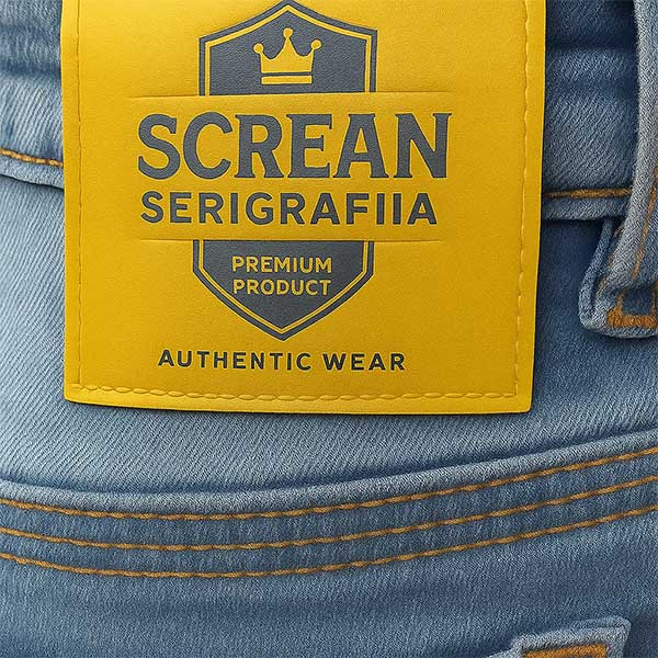 Marquilla amarilla con serigrafía negra sobre prenda de mezclilla azul