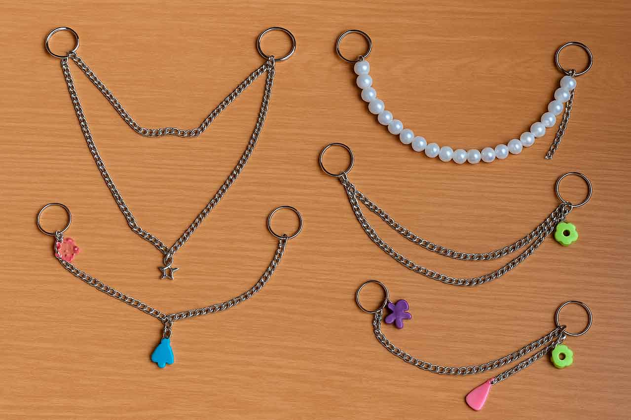 Apliques decorativos con cadena metálica y dijes coloridos para ropa