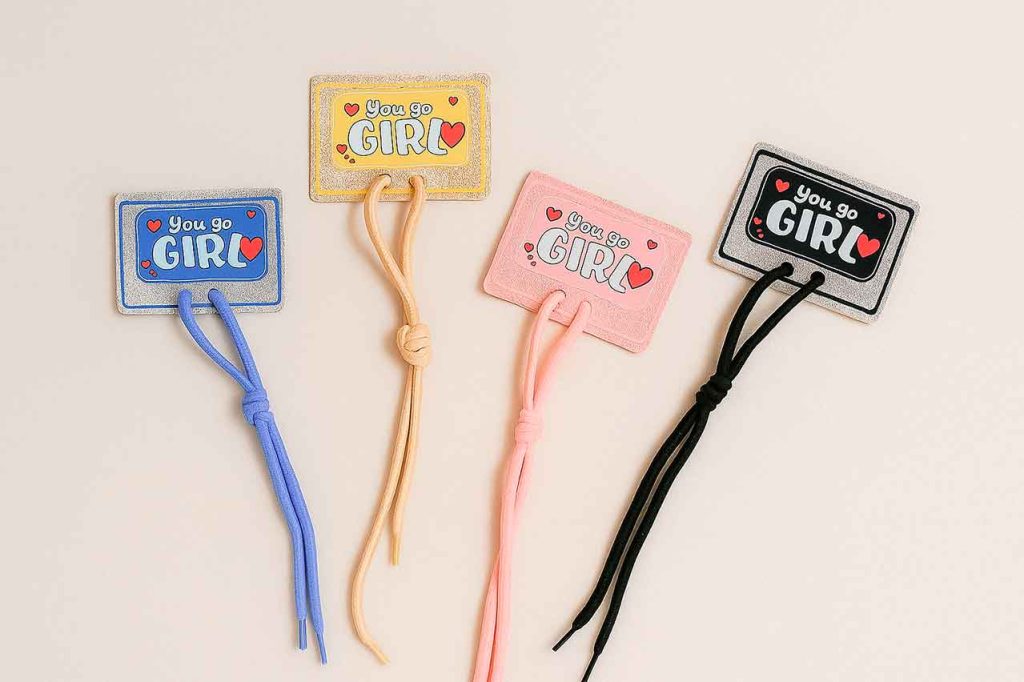 Apliques infantiles coloridos con frases motivadoras y cordones decorativos