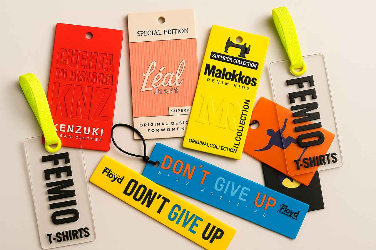 Marquillas y etiquetas de cartón personalizadas para ropa de diferentes colores, formatos y estilos, con logos y diseños impresos o en alto relieve.