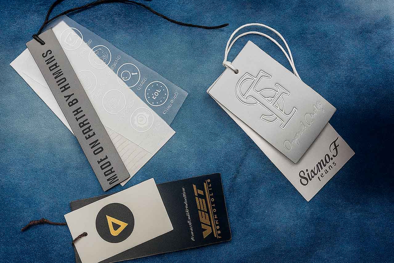 Etiquetas colgantes de doble cartón sobre fondo denim, con diseños personalizados y acabados de alta gama.