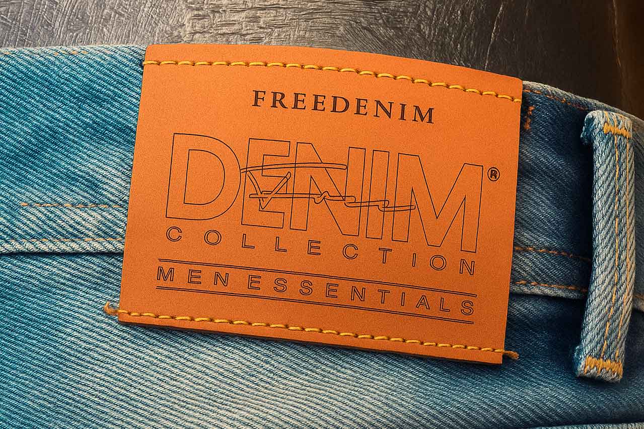 Garra de cuero sintético personalizada con grabado láser sobre pantalón de mezclilla azul claro, diseño elegante para ropa masculina.