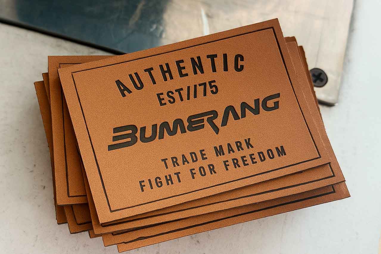 Etiquetas en cuero sintético con acabado quemado, apiladas sobre una superficie blanca. Diseño tipo garra ideal para ropa urbana y jeans.