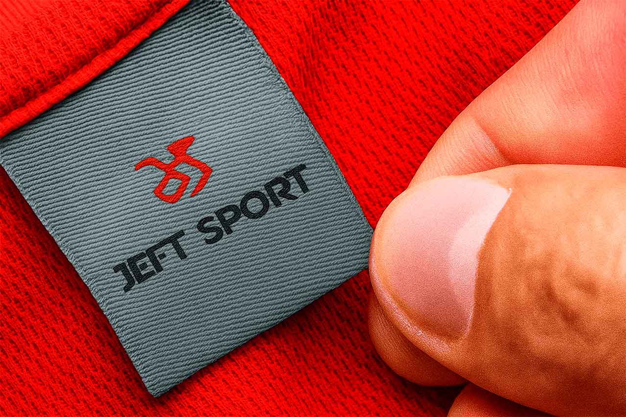Etiqueta tejida personalizada tipo cogotera de la marca JEFT SPORT, cosida en camiseta deportiva roja. Marquilla en tela damasco gris, ideal para ropa deportiva y de alto uso.