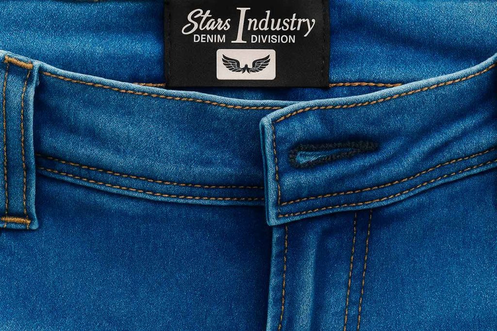 Etiqueta tejida tipo pretina en jean clásico, con logo Stars Industry. Marquilla cosida en la parte interna, ideal para marcas de denim con identidad.