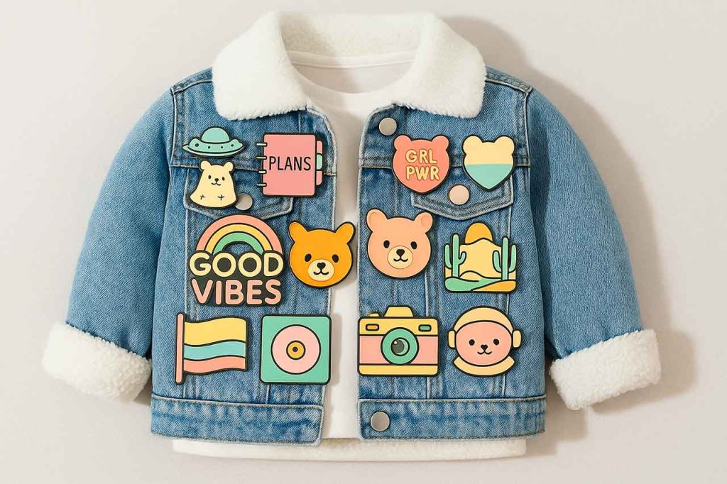 Chaqueta infantil decorada con pines metálicos de diseño infantil fabricados en Zamak. Marquillas resistentes, seguras y personalizadas para ropa y accesorios.