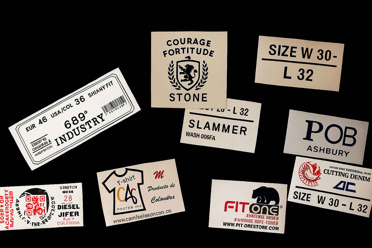 Etiquetas de satín con tramas decorativas para ropa, con diseños personalizados y acabados profesionales.