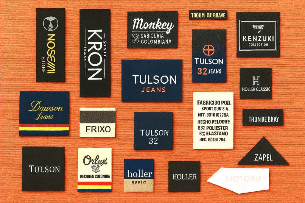 Etiquetas tejidas personalizadas con nombre de marca y logos sobre fondo naranja. Marquillas de diferentes colores, formatos y estilos para prendas de vestir.