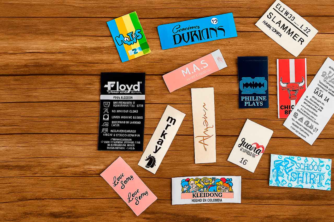 Fabricación de etiquetas estampadas Variadas marquillas tejidas y etiquetas en satín personalizadas para ropa, sobre fondo de madera.