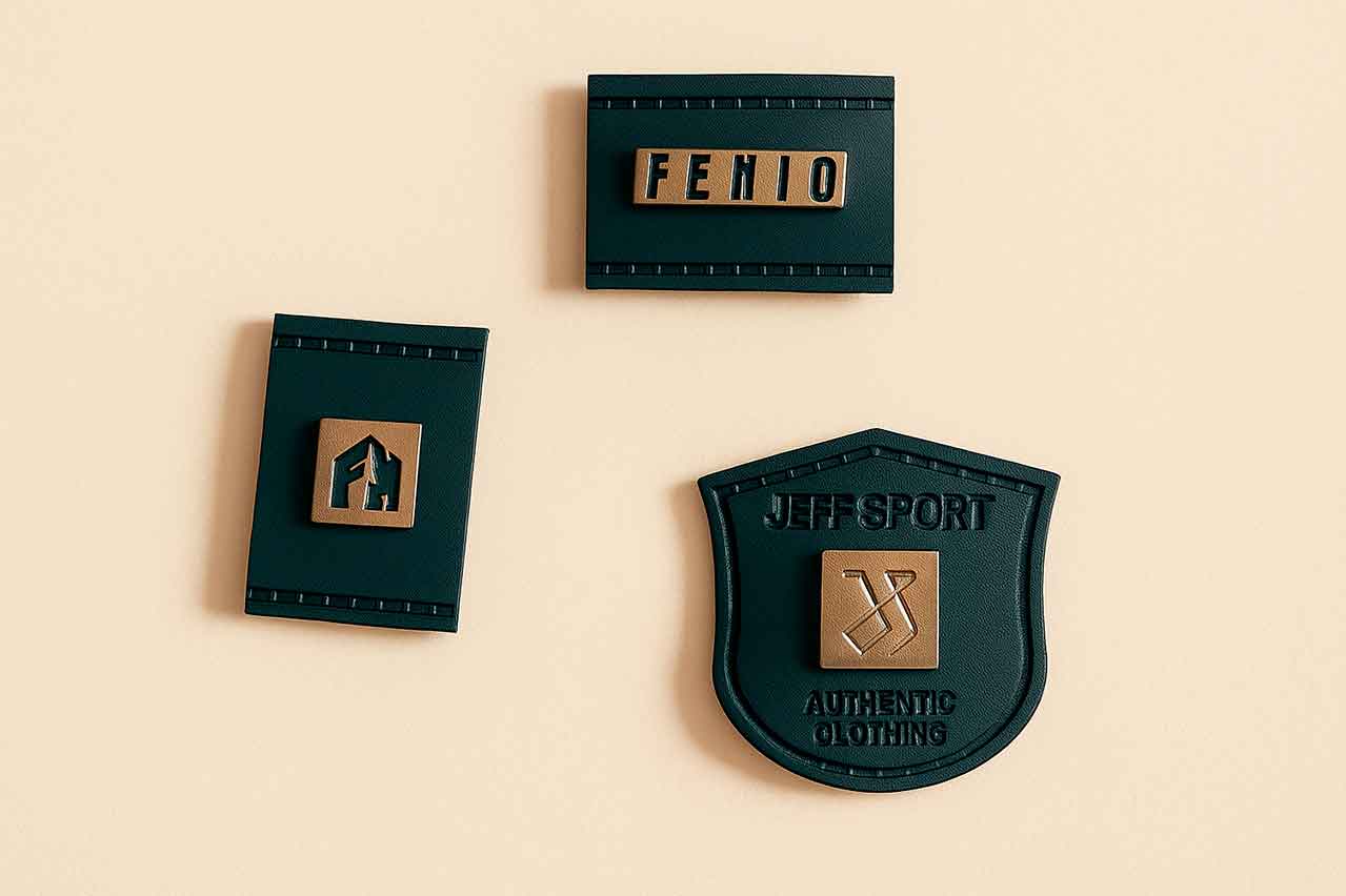 Placa metálica personalizadas con cuero y diseño. Combinación elegante y resistente ideal para ropa, bolsos o productos de lujo.