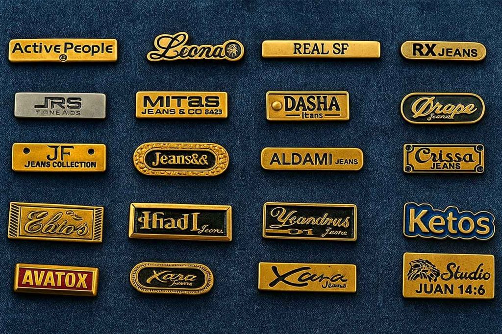 Placas metálicas personalizadas en Zamak personalizadas para jeans. Diseños resistentes y modernos con acabados industriales sobre tela denim.