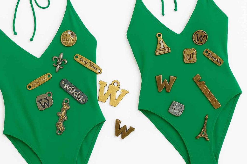 Placas metálicas personalizadas adheridas a vestidos de baño verdes. Diseños resistentes al agua y adecuados para ropa íntima o prendas delicadas.