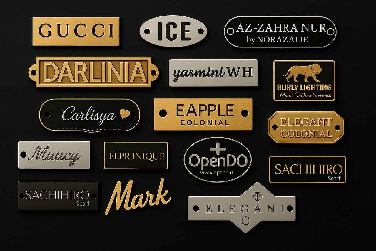 Placas metálicas personalizadas en Zamak con distintos nombres de marca, ideales para ropa, jeans y accesorios textiles. Alta durabilidad y acabado profesional.
