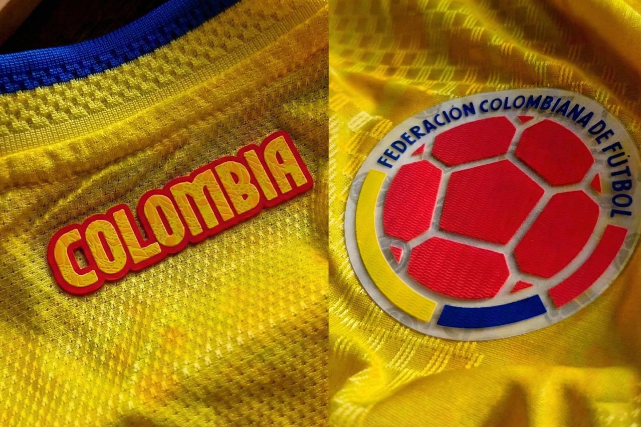 Detalle de apliques PVC para ropa deportiva con escudo de la Selección Colombia en relieve 3D y alta definición.